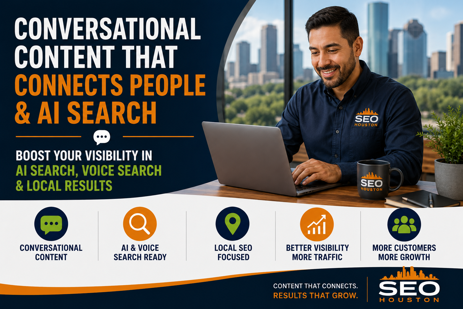 Houston small business owner engaging with a customer while building online visibility through conversational content