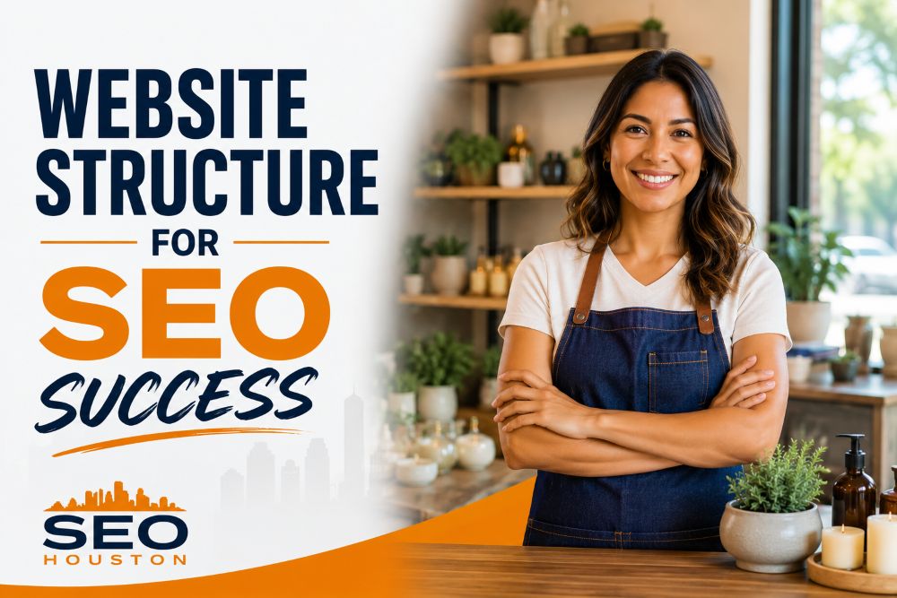 Female small business owner in a local shop with website structure for SEO success headline