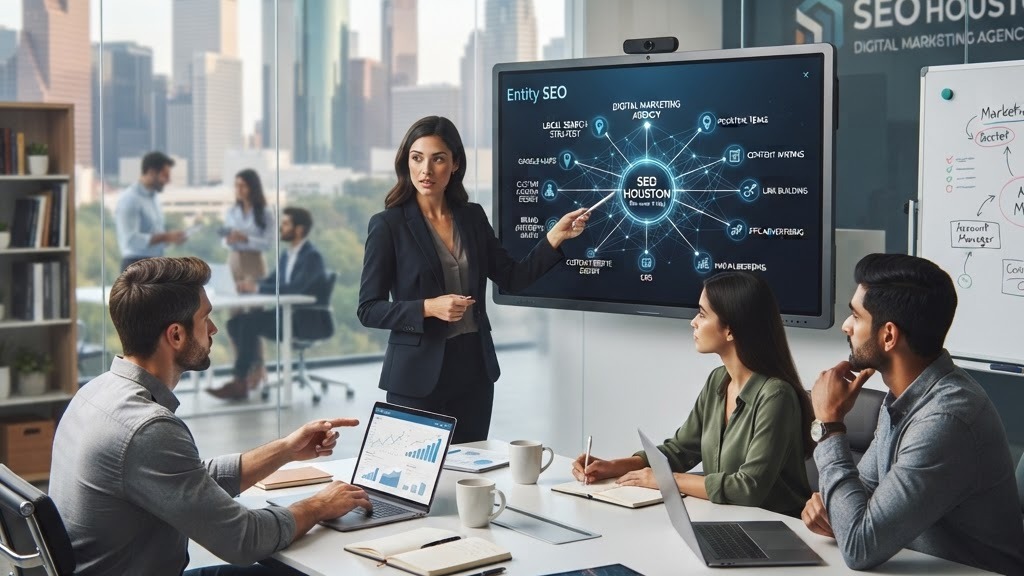 A woman presenting an Entity SEO strategy diagram on a digital whiteboard to her team in a modern office boardroom.