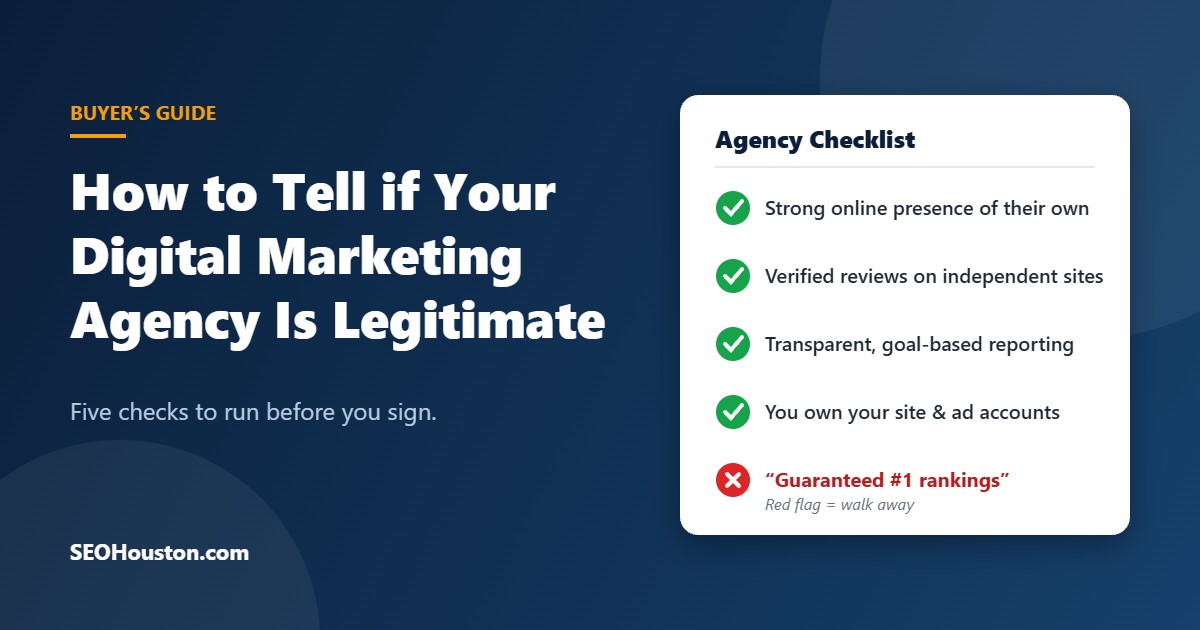 Checklist for vetting a digital marketing agency: strong online presence, verified reviews, transparent reporting, asset ownership, and the red flag of guaranteed rankings.